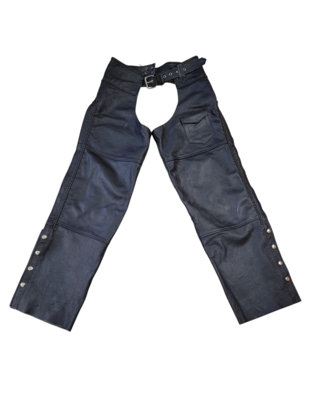 Viking Men's Black Genuine Leather Motorcycle Stitched Zipper Snap Chaps Medium